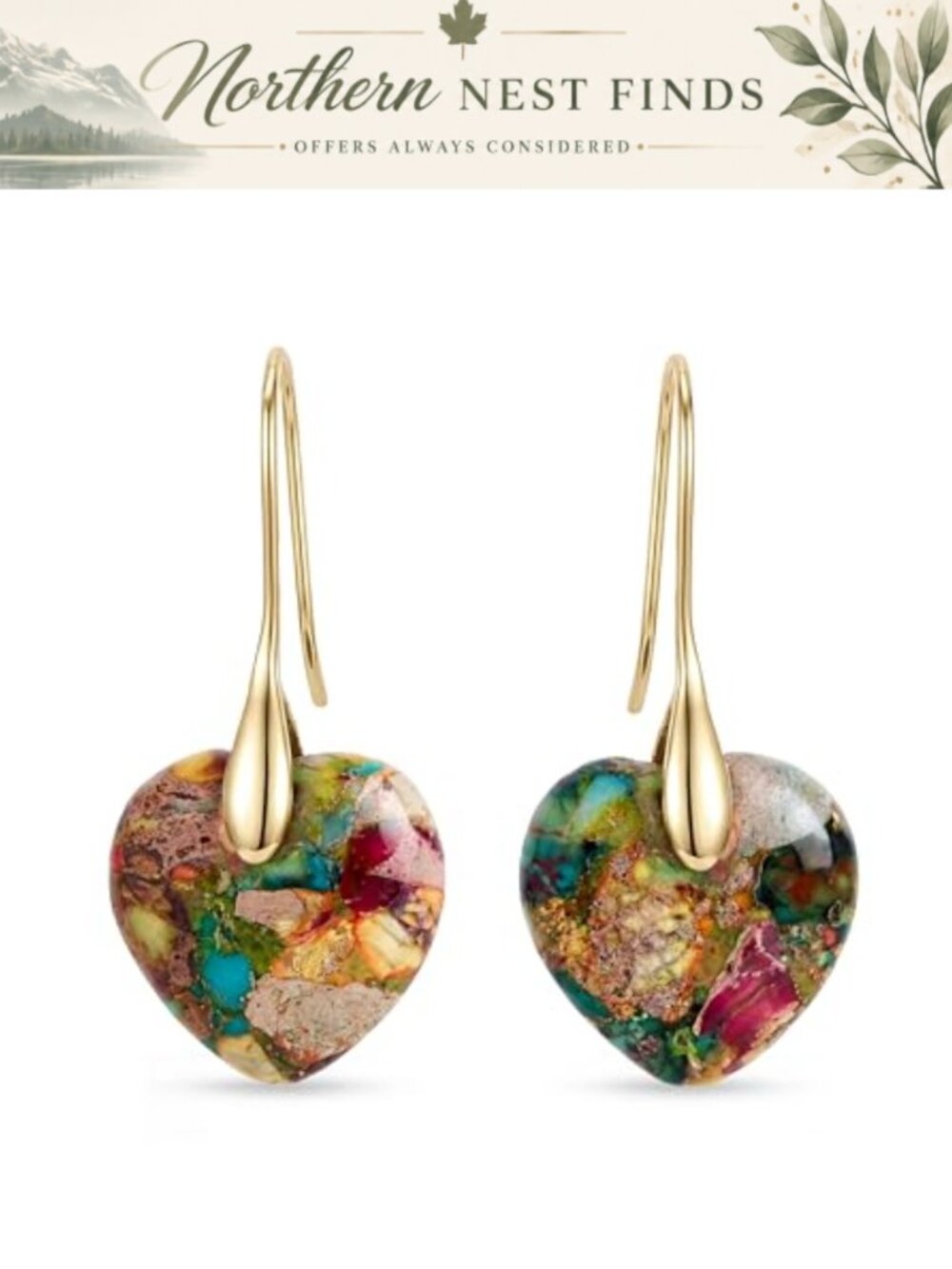 14K Gold Plated Brass Fishhoop Dangle Earrings Heart Natural Stone Statement